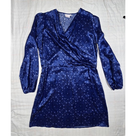 SOI PARIS Dress Surplice Neck Paisley Geometric Blue Cupro Rayon SZ EU 42 US L - Picture 3 of 12